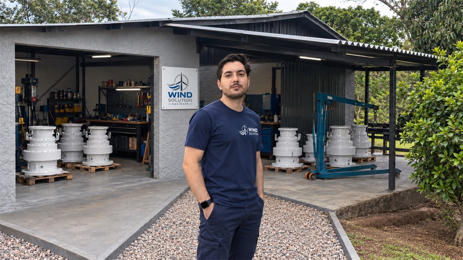 Fundador na sede Wind com uniforme azul-marinho e logo branca